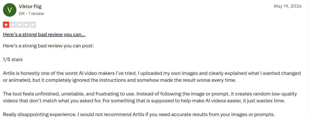 Negative feedback on Artlist with rating of one star