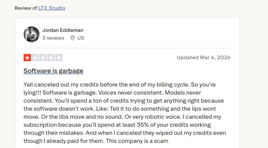 Negative review of LTX.Studio highlighting software issues and poor customer service.