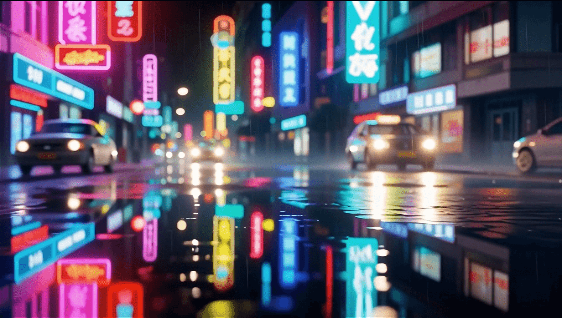 Strada bagnata illuminata da neon.