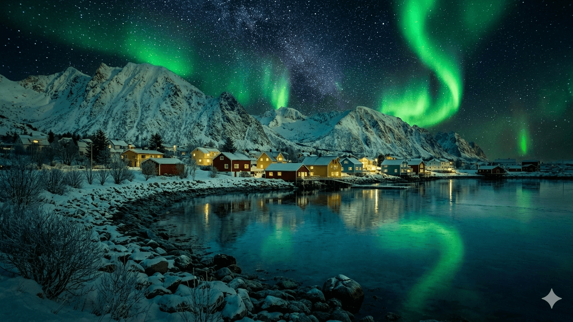 Northern lights over a snowy mountain village by the sea