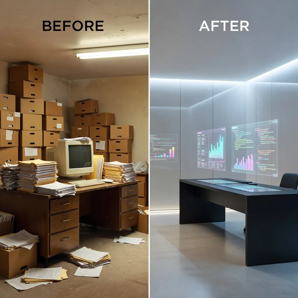 Comparación lado a lado antes y después de una oficina desordenada antigua y una oficina inteligente futurista minimalista