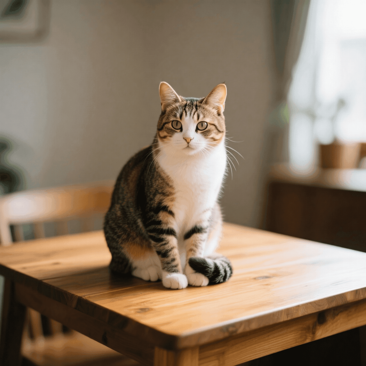 木桌上的虎斑猫。
