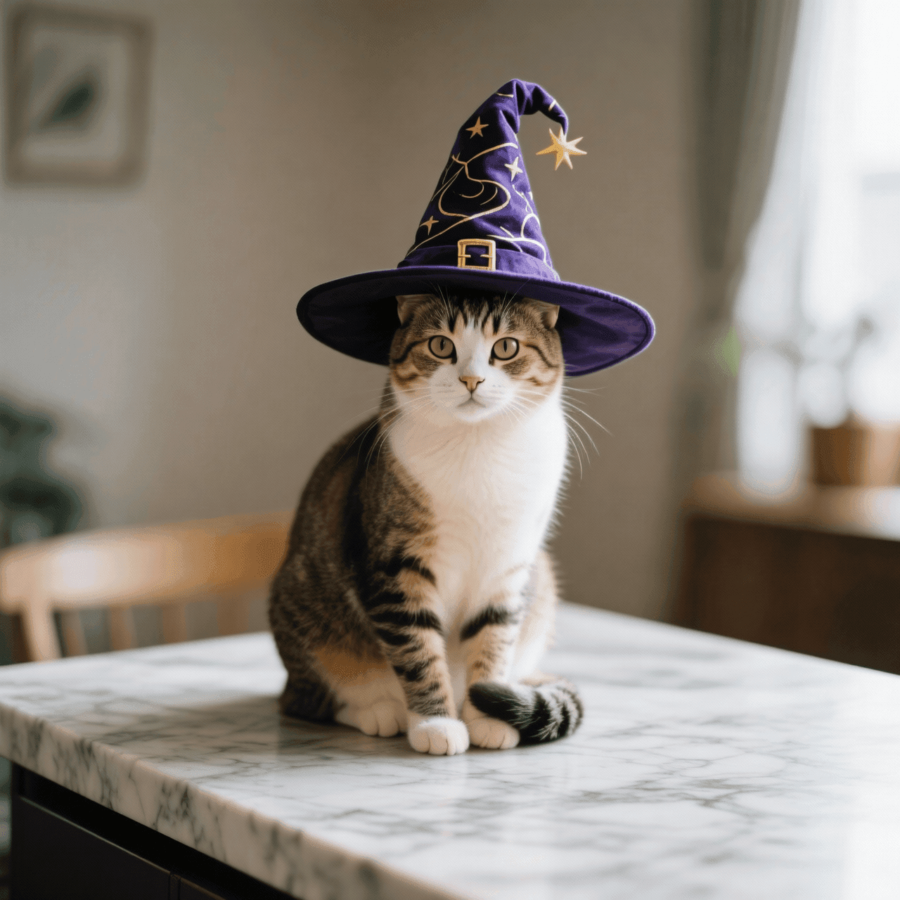 大理石桌上的女巫猫。