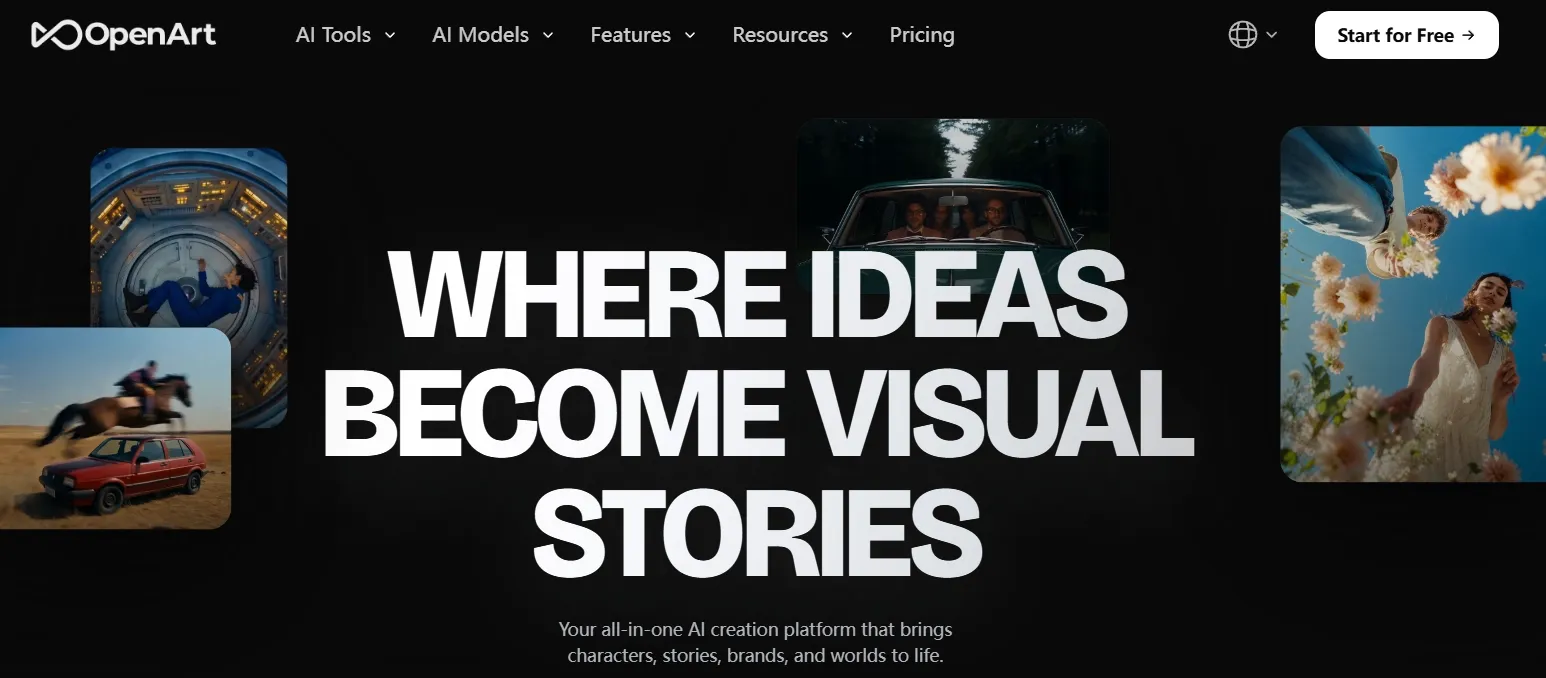 OpenArt homepage showcasing visual storytelling and AI creation platform