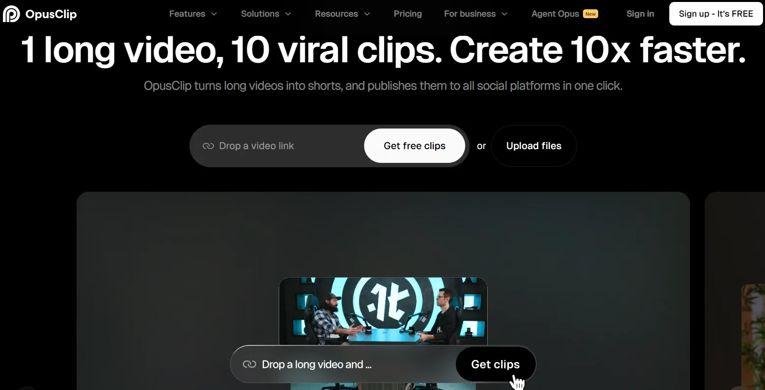 OpusClip interface for creating video clips from long videos.