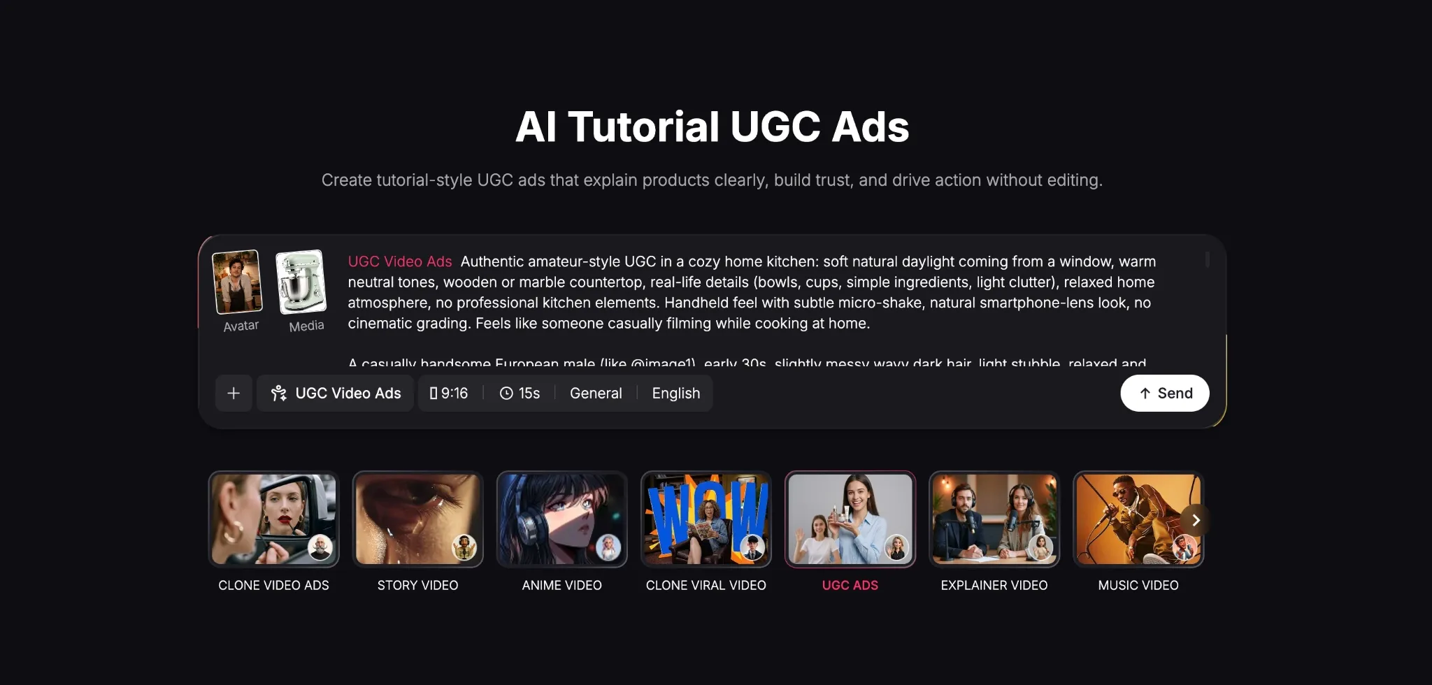 Overview of AI tutorial UGC ads with various video styles and descriptions.