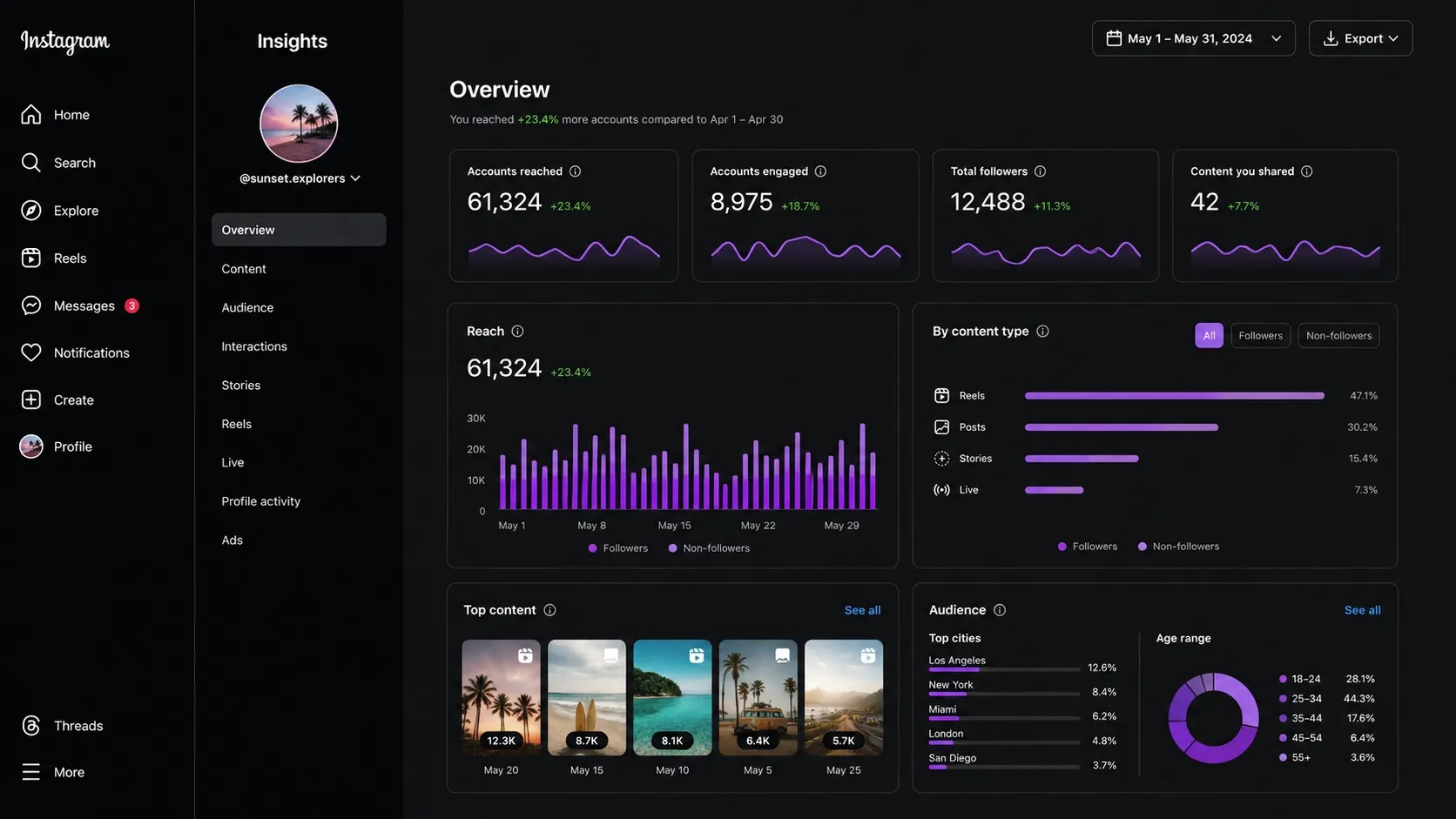 Overview of Instagram account insights with engagement and reach statistics.