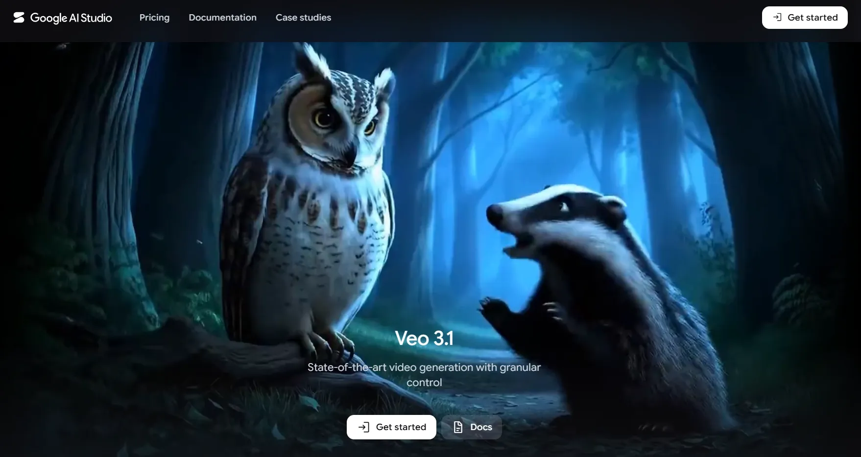 An owl and a badger interact in a dark forest setting.