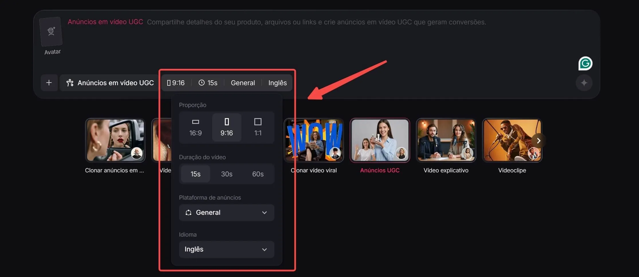 ajustar formato vertical e duração do vídeo