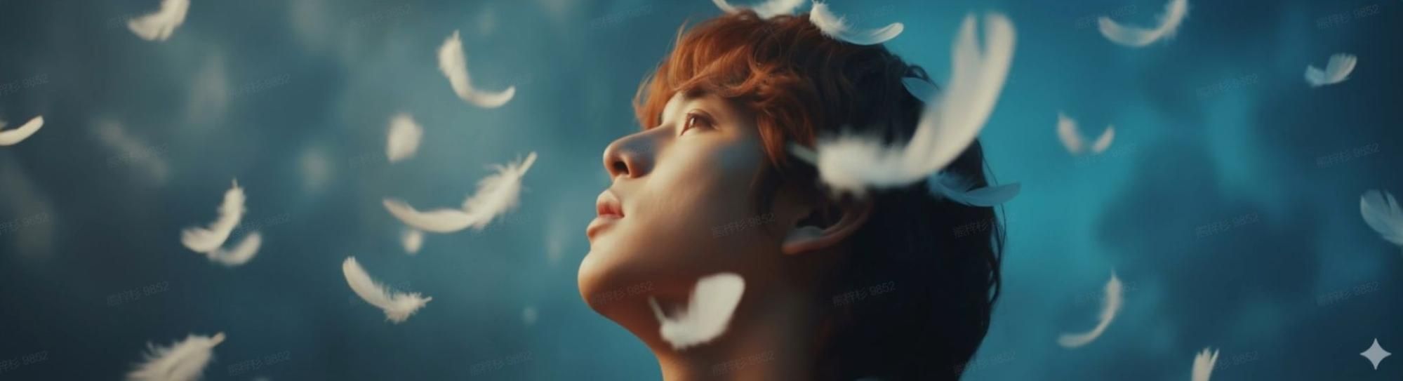 A person looking up with feathers floating around
