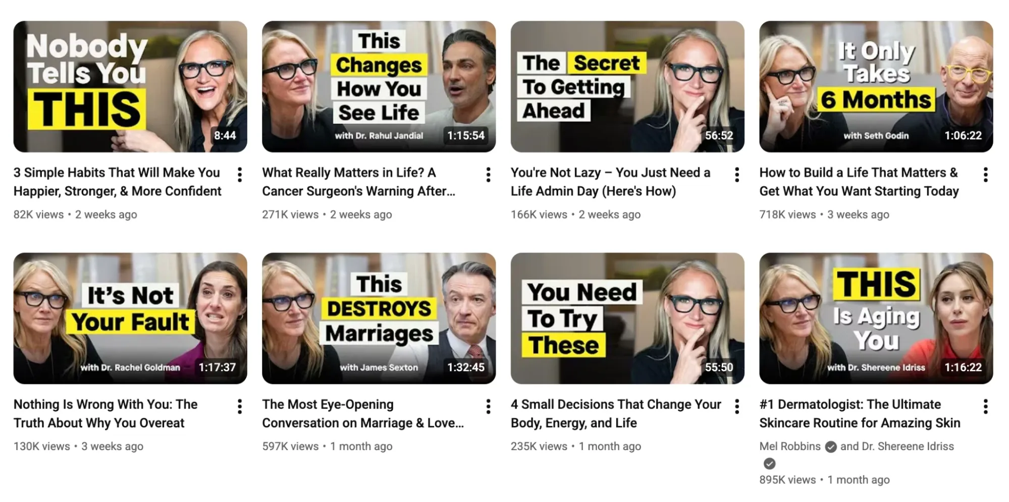 A collection of YouTube video thumbnails about personal growth and life advice, including habits, relationships, and skincare