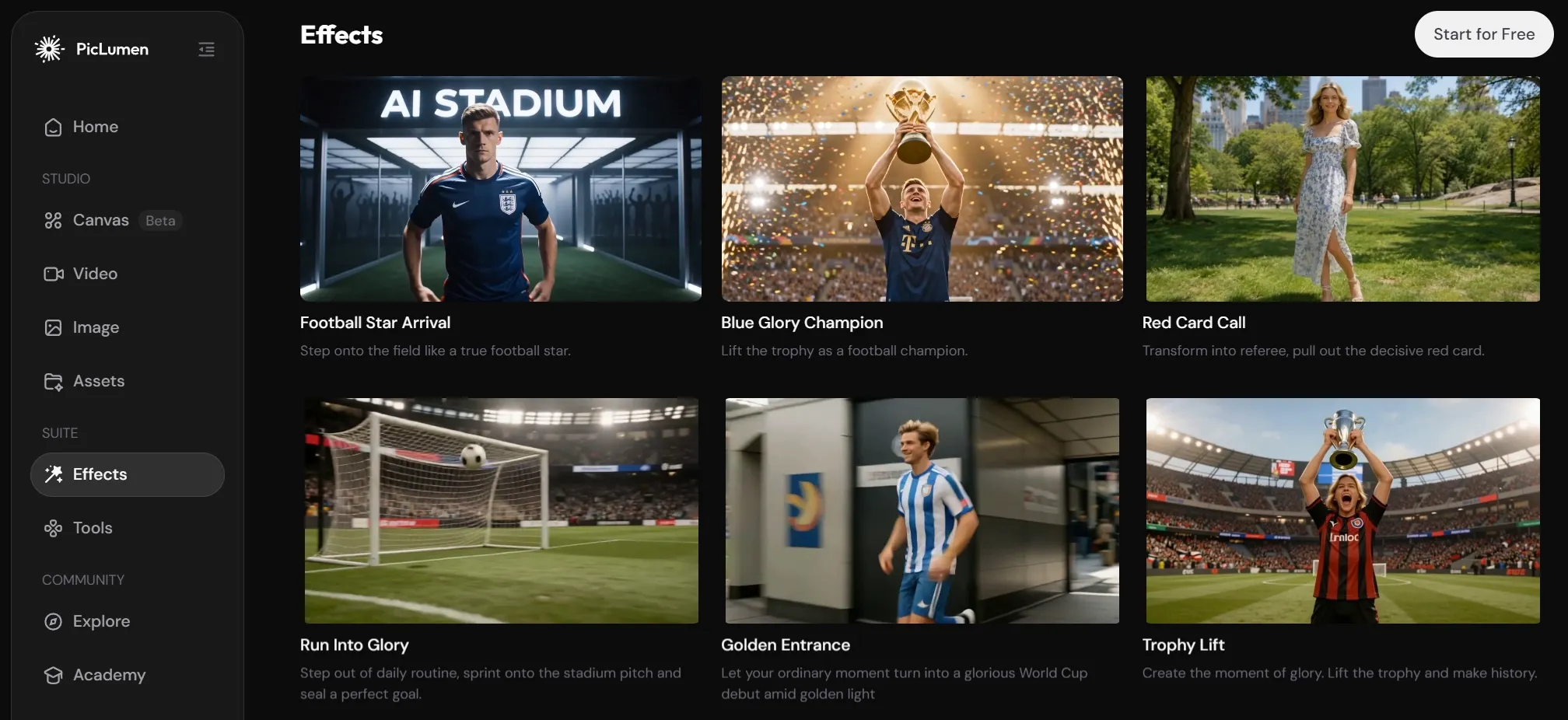 PicLumen effects page displaying football-themed AI video effect templates