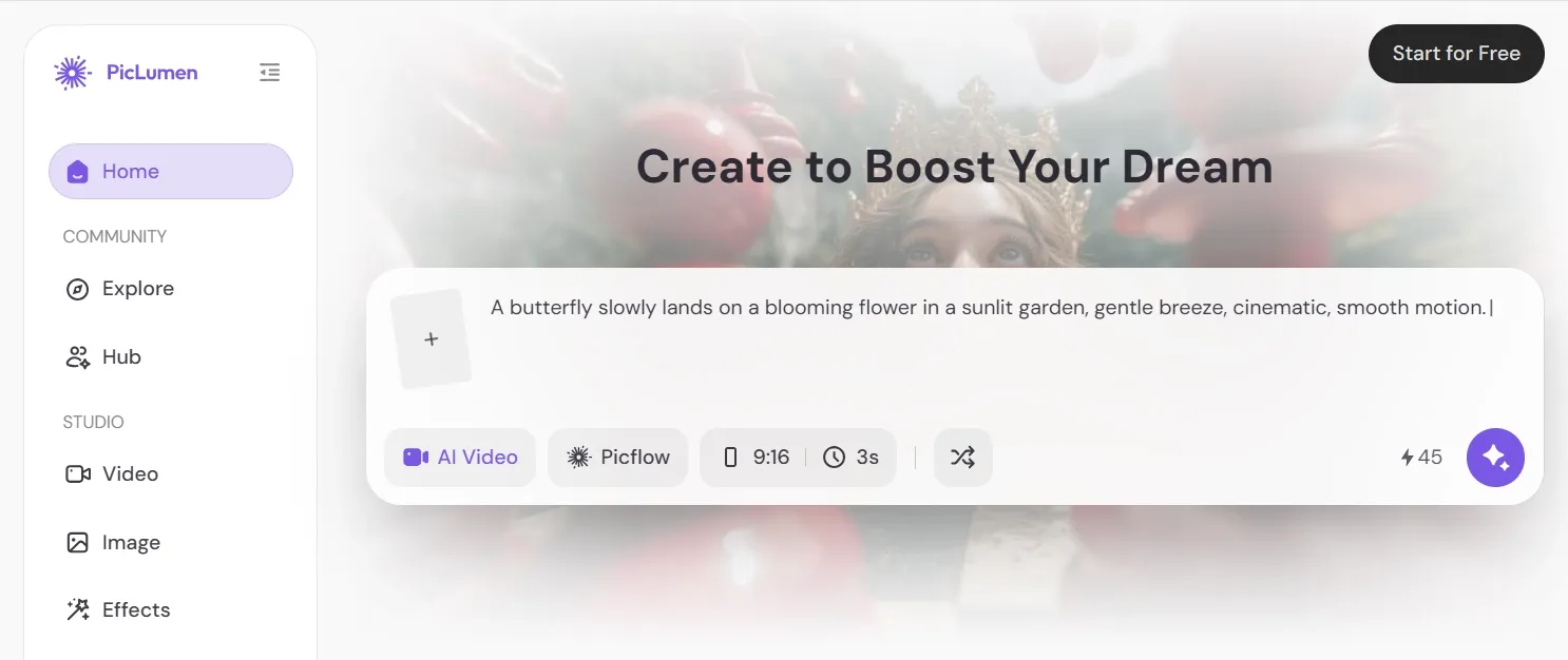 PicLumen homepage showing an AI video prompt box with aspect ratio and duration settings