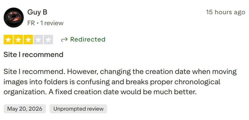 Trustpilot review mentioning PicLumen with feedback about image folder organization dates