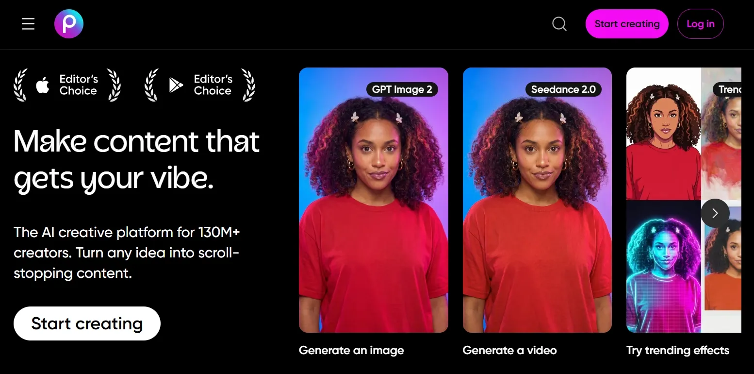Picsart AI homepage featuring tools for AI image, video, and effects creation