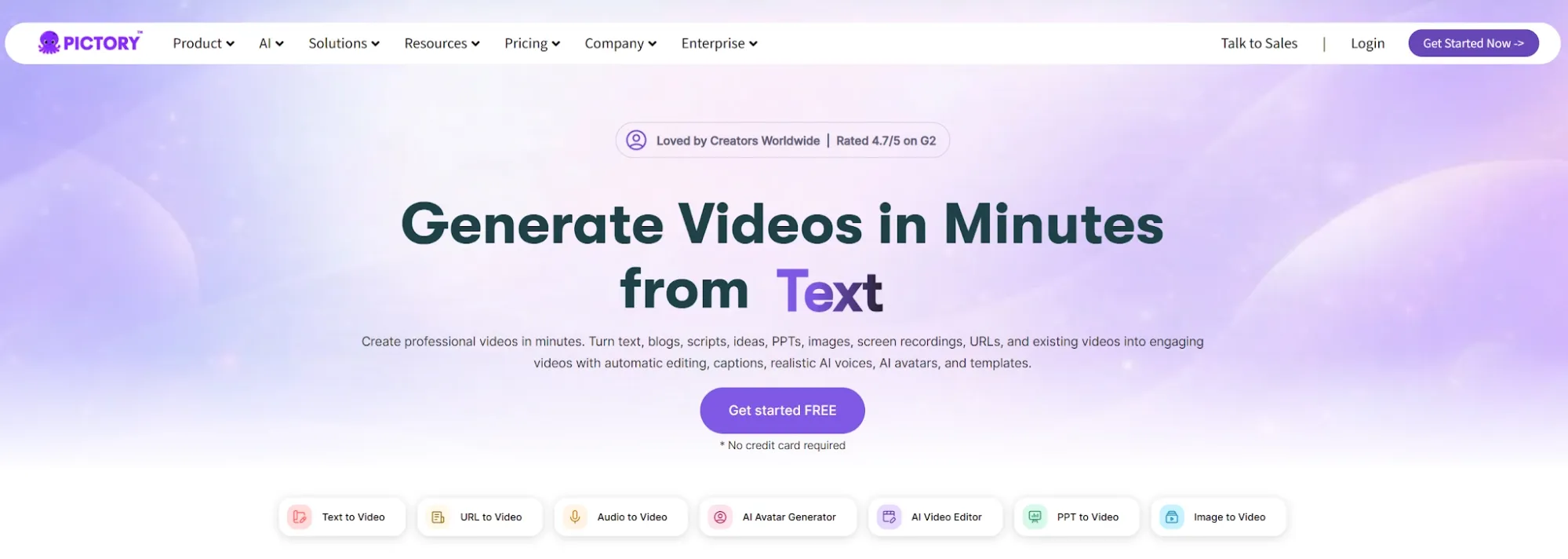 Pictory homepage promoting script to video generation tools