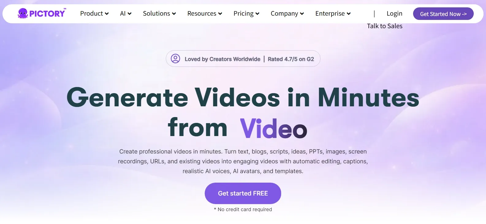 Pictory homepage promoting fast AI video creation from text and media