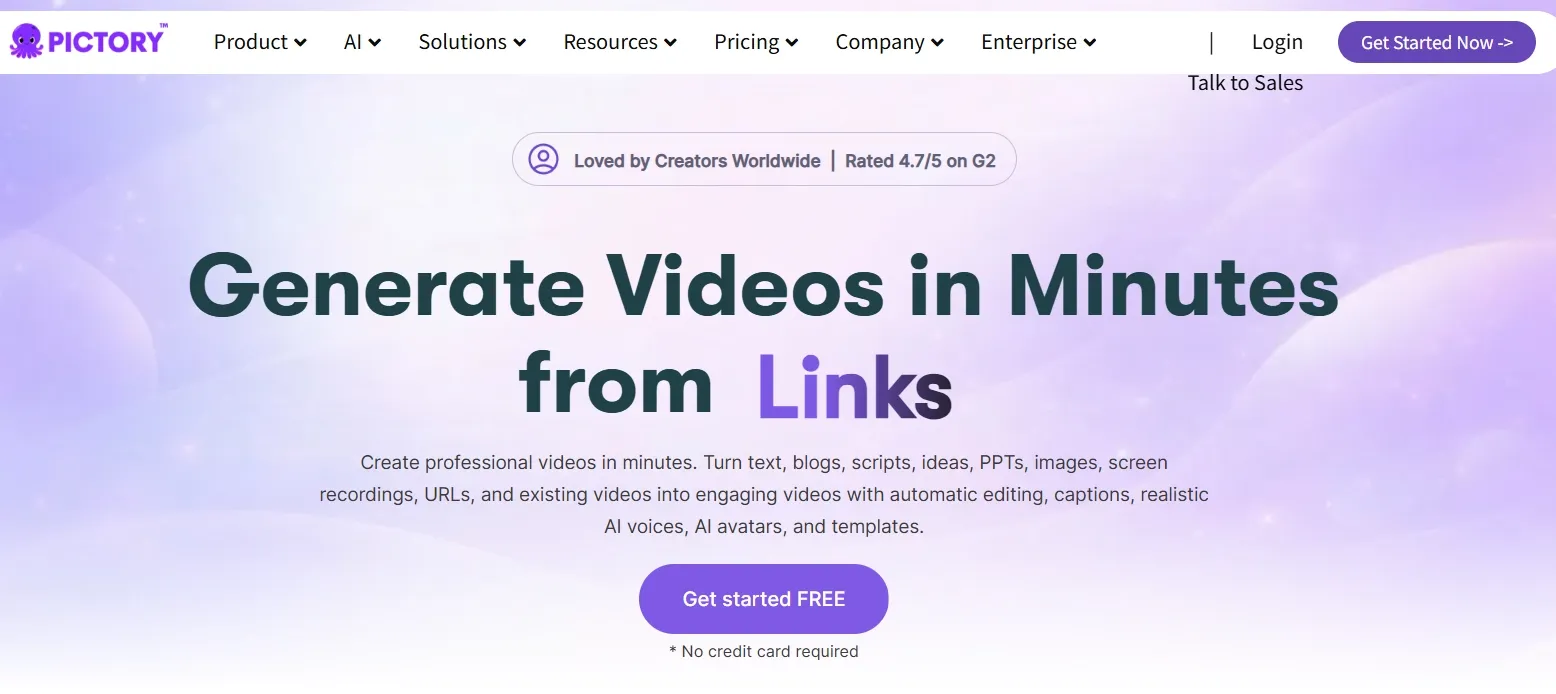 Pictory homepage highlighting video generation from links and content