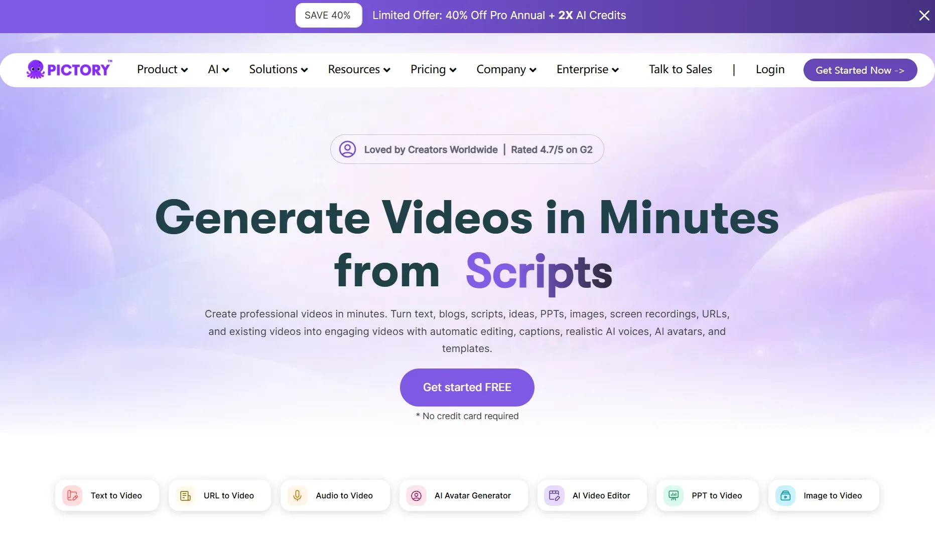 Pictory homepage for generating videos from scripts