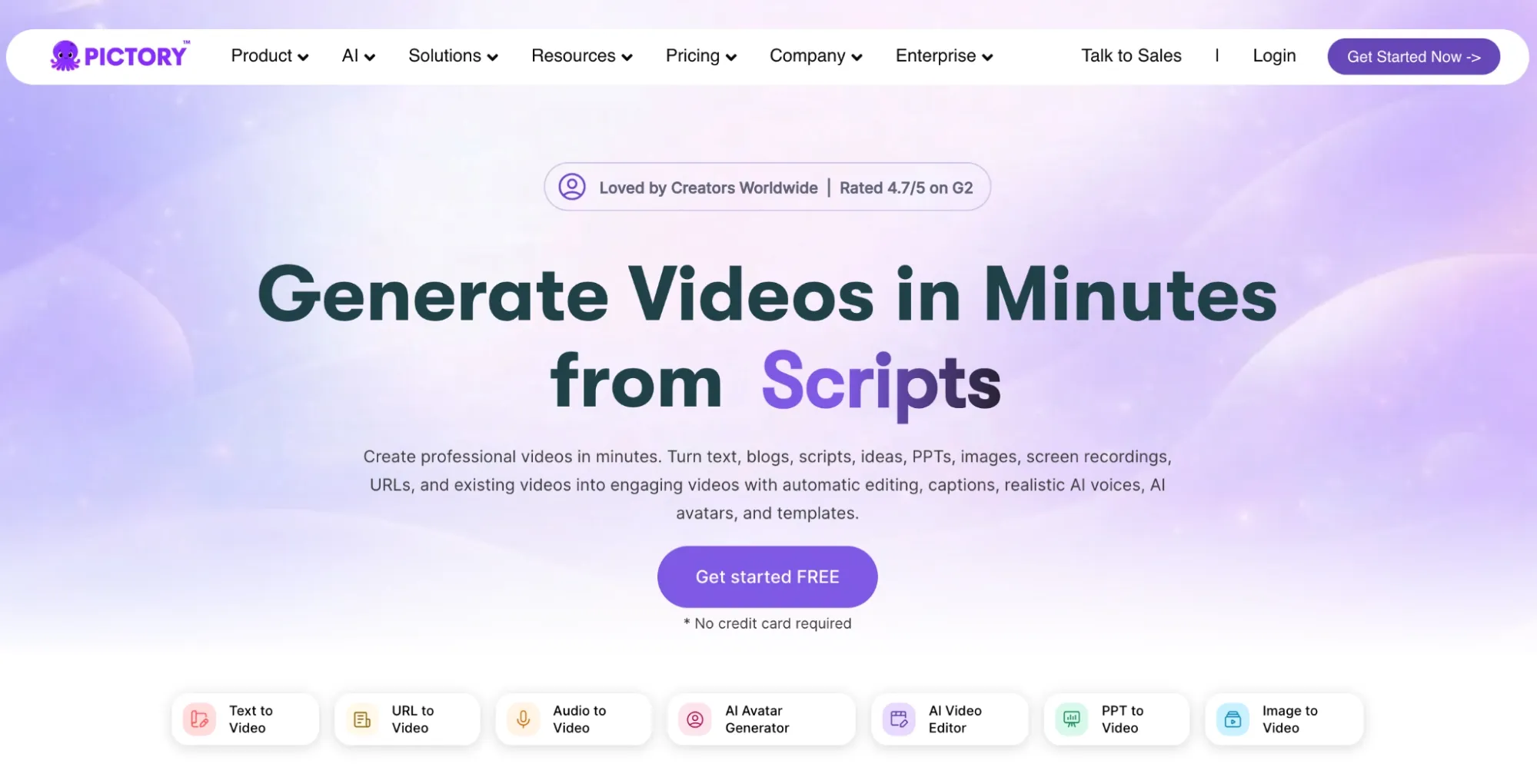 Pictory landing page for script to video creation