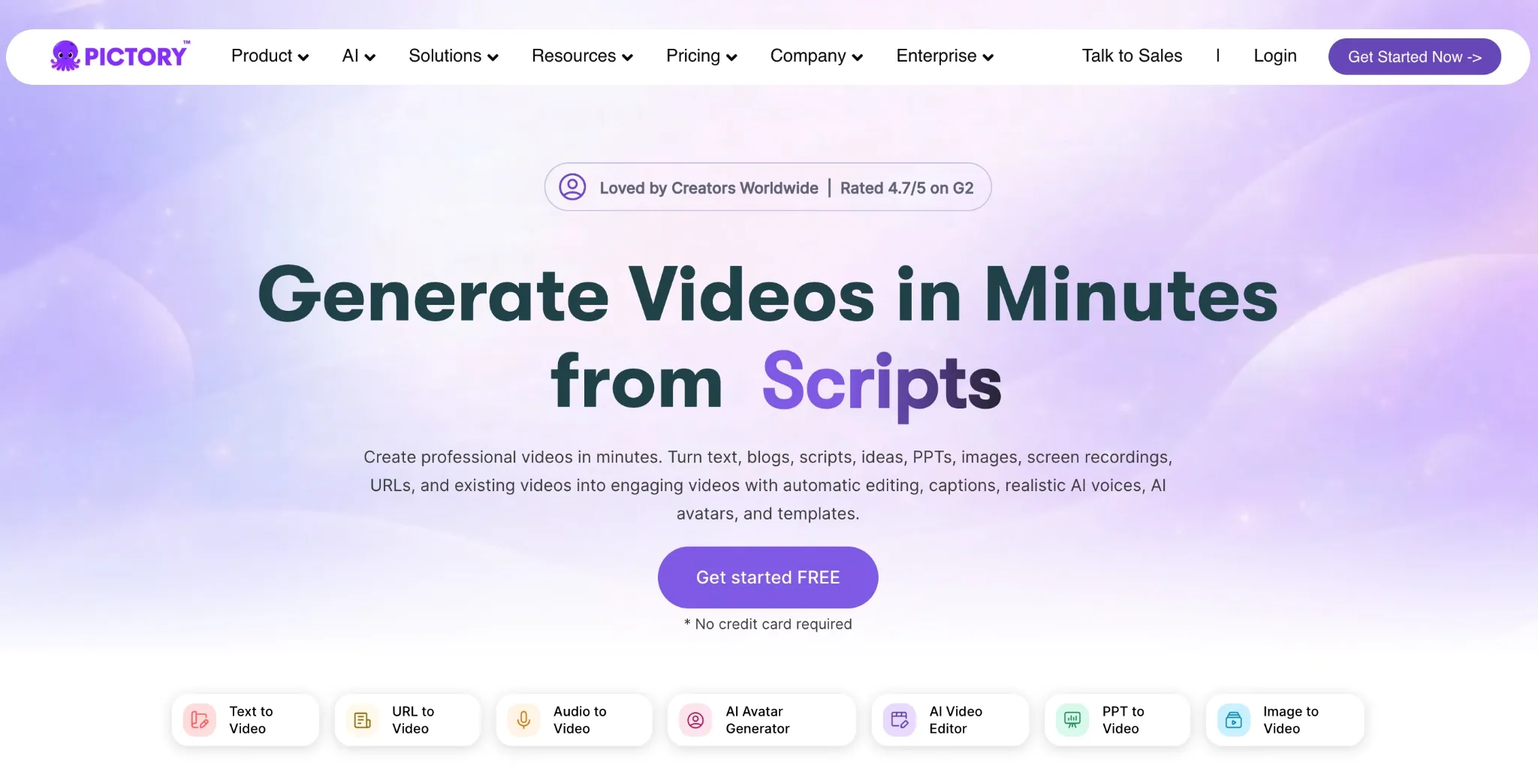 Pictory homepage presenting a script-to-video AI platform