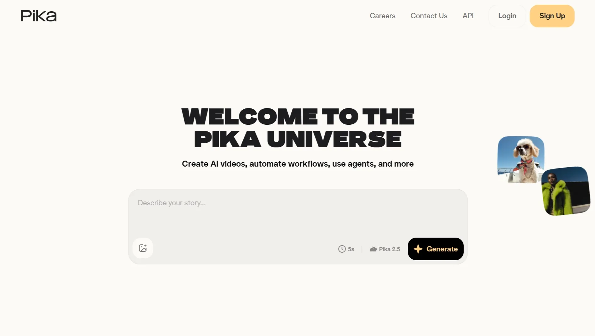 Pika AI video platform homepage with prompt box and generate button