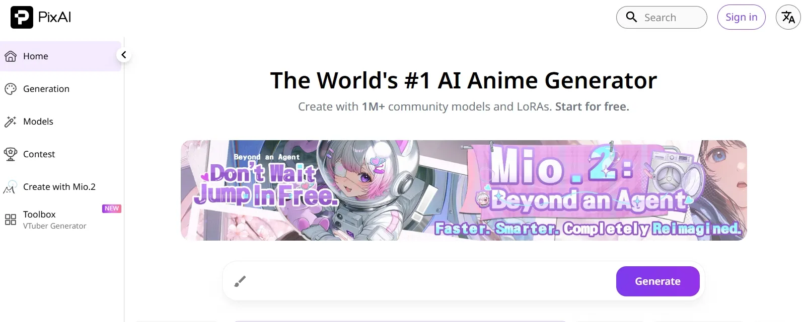 PixAI homepage featuring anime image generator and community models