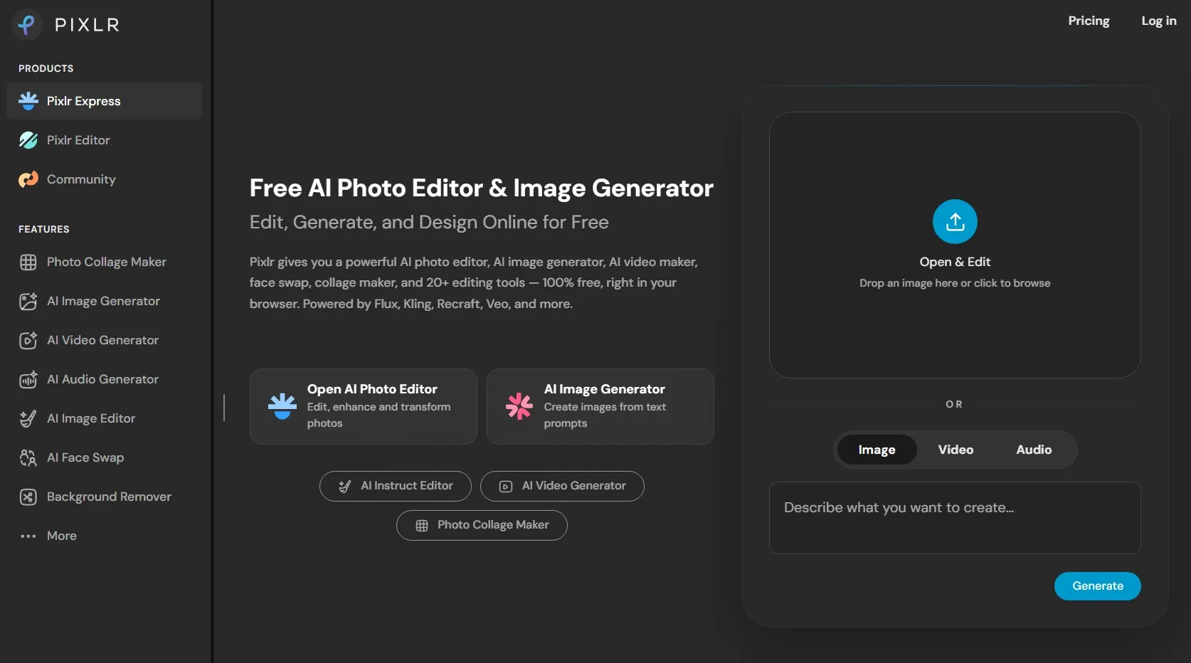 Homepage of Pixlr AI