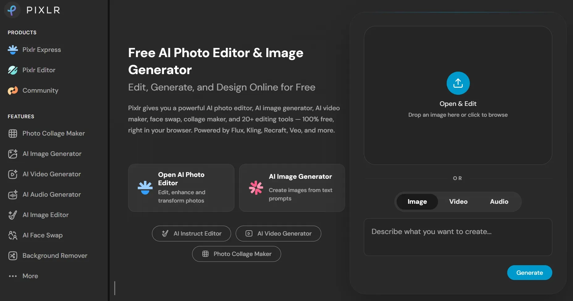 Pixlr homepage showing an AI photo editor, image generator, and upload panel