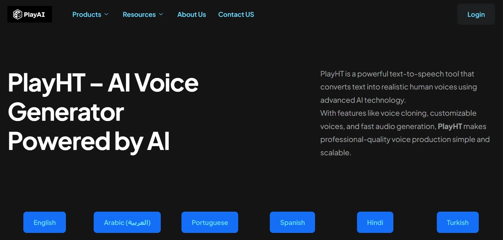 PlayHT AI voice generator homepage showcasing features and language options.