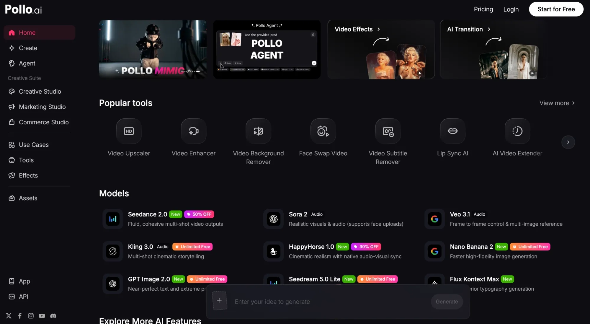 TikTV ai dashboard showing video tools and AI models
