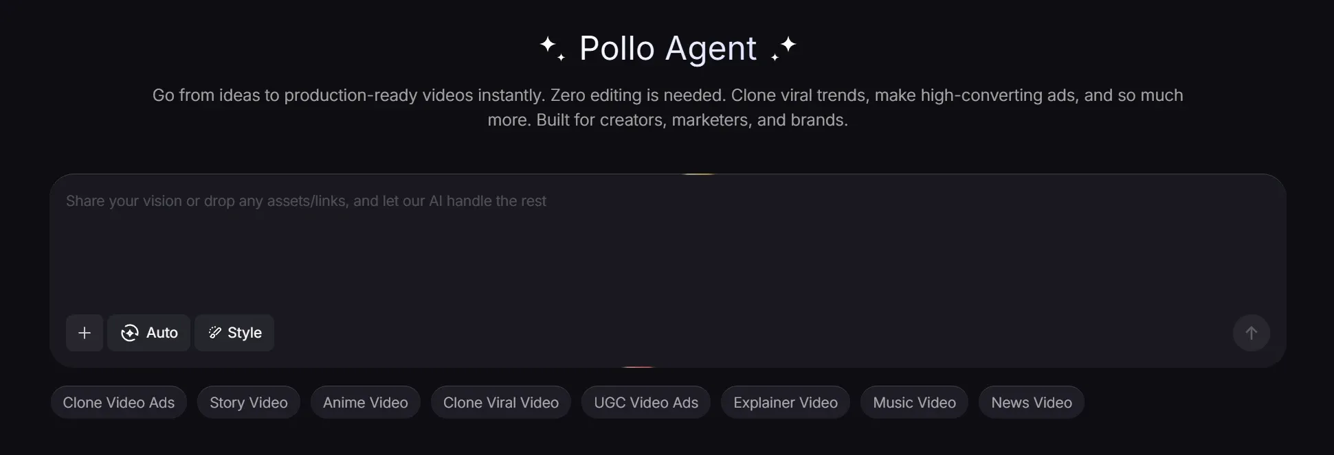 Pollo Agent AI-grænseflade til øjeblikkelig generering af produktionsklare marketingvideoer med forskellige videotypemuligheder