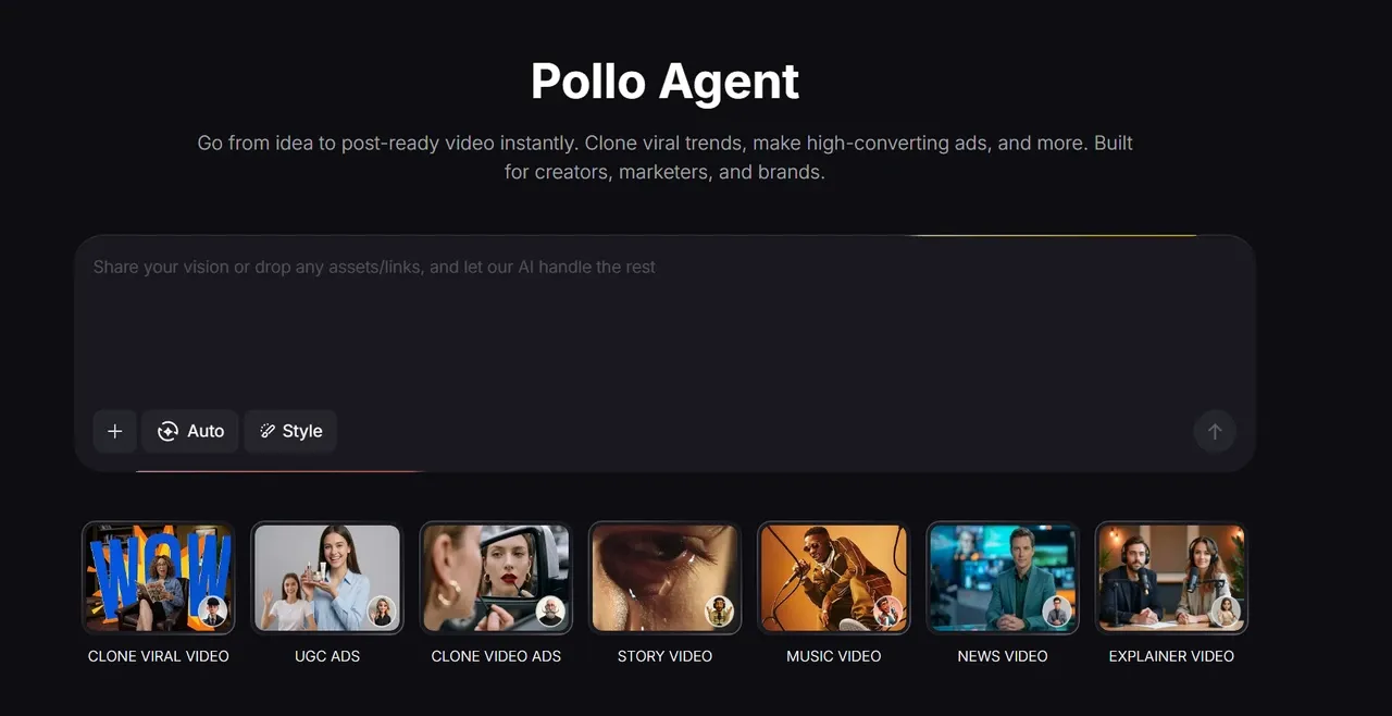 Pollo Agent AI-interface voor videocreatie met promptvenster en video type templates