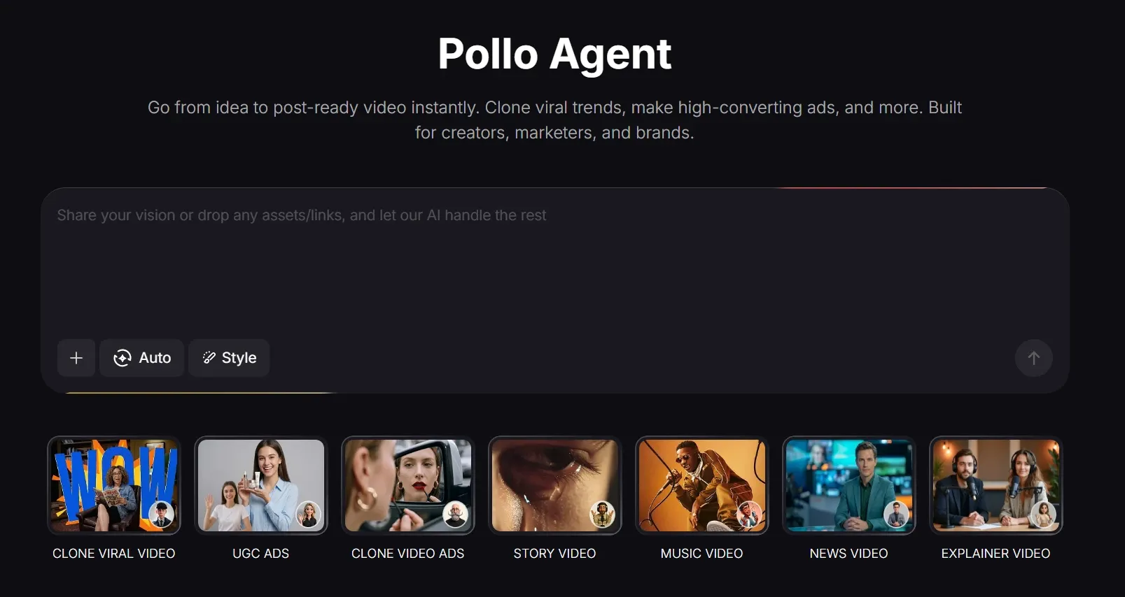 TikTV Agent AI video creation platform page for generating ready‑to‑post marketing videos instantly
