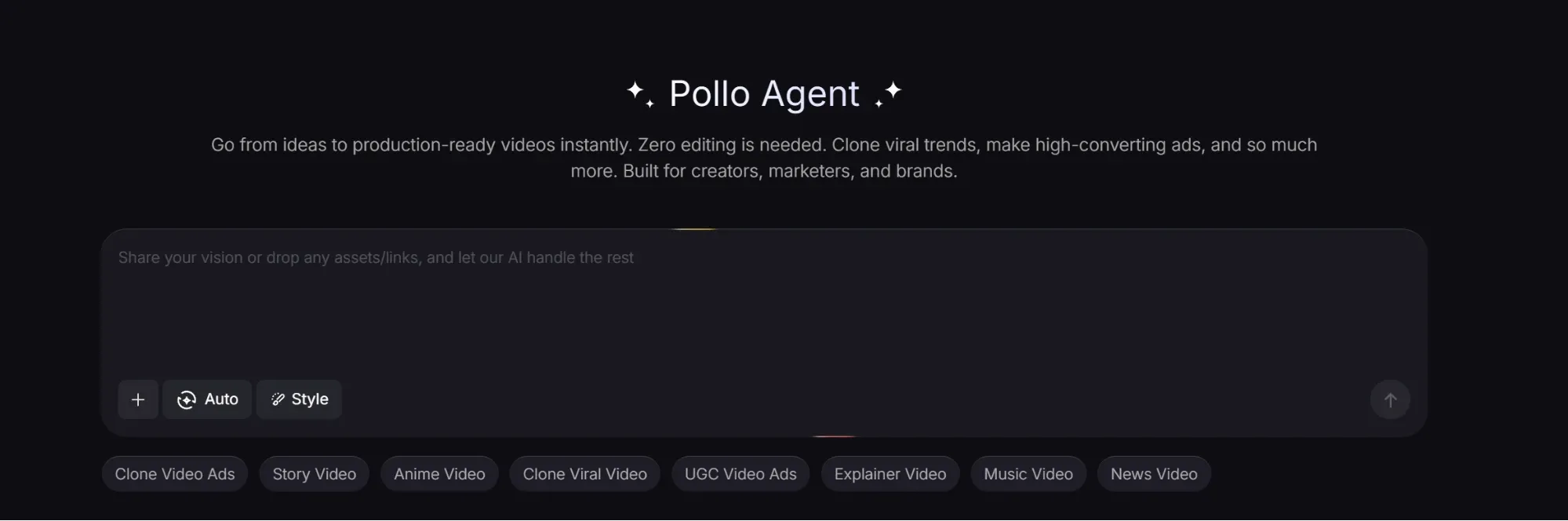 Pollo Agent AI 视频创作界面，提供多种视频类型选项，适用于广告、动漫、故事等。