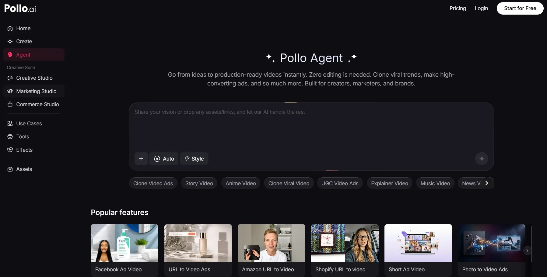 TikTV Agent page with a prompt box and video creation feature cards