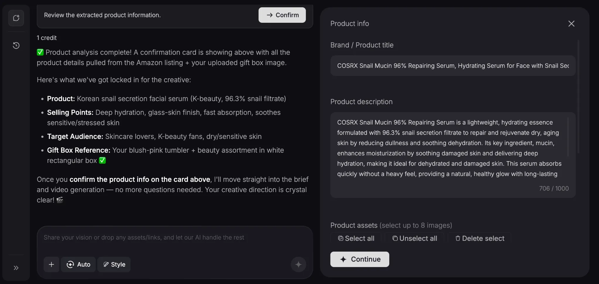 TikTV.ai agent interface showing extracted skincare product information for review