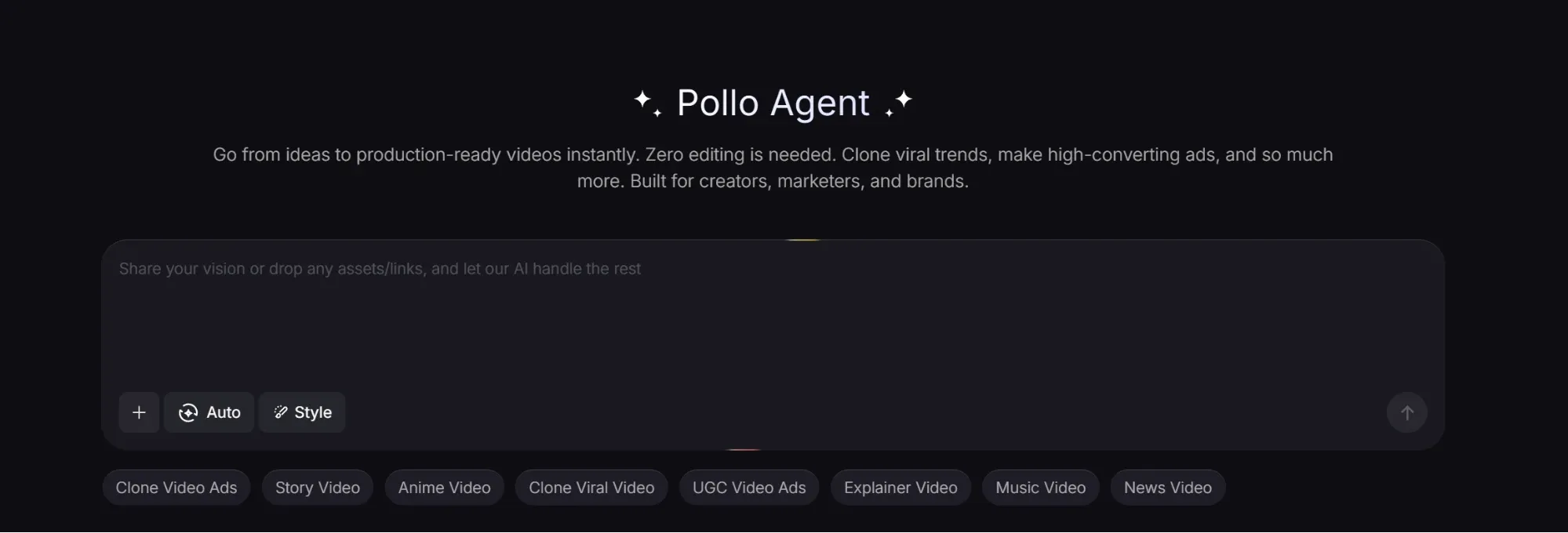 Pollo Agent 主页，用于即时生成可直接发布的营销和社交媒体视频