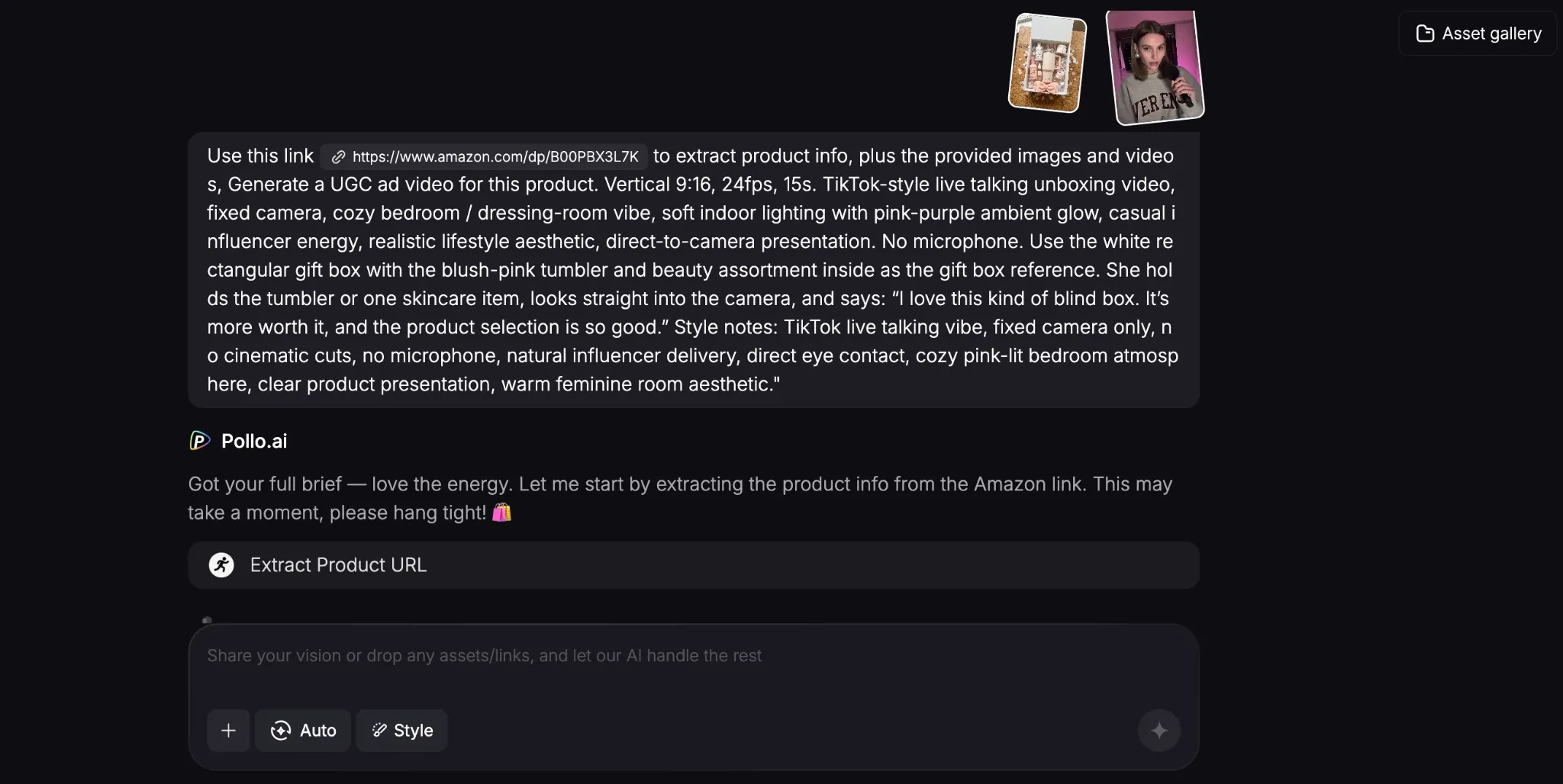 TikTV.ai agent interface extracting product information from an Amazon link