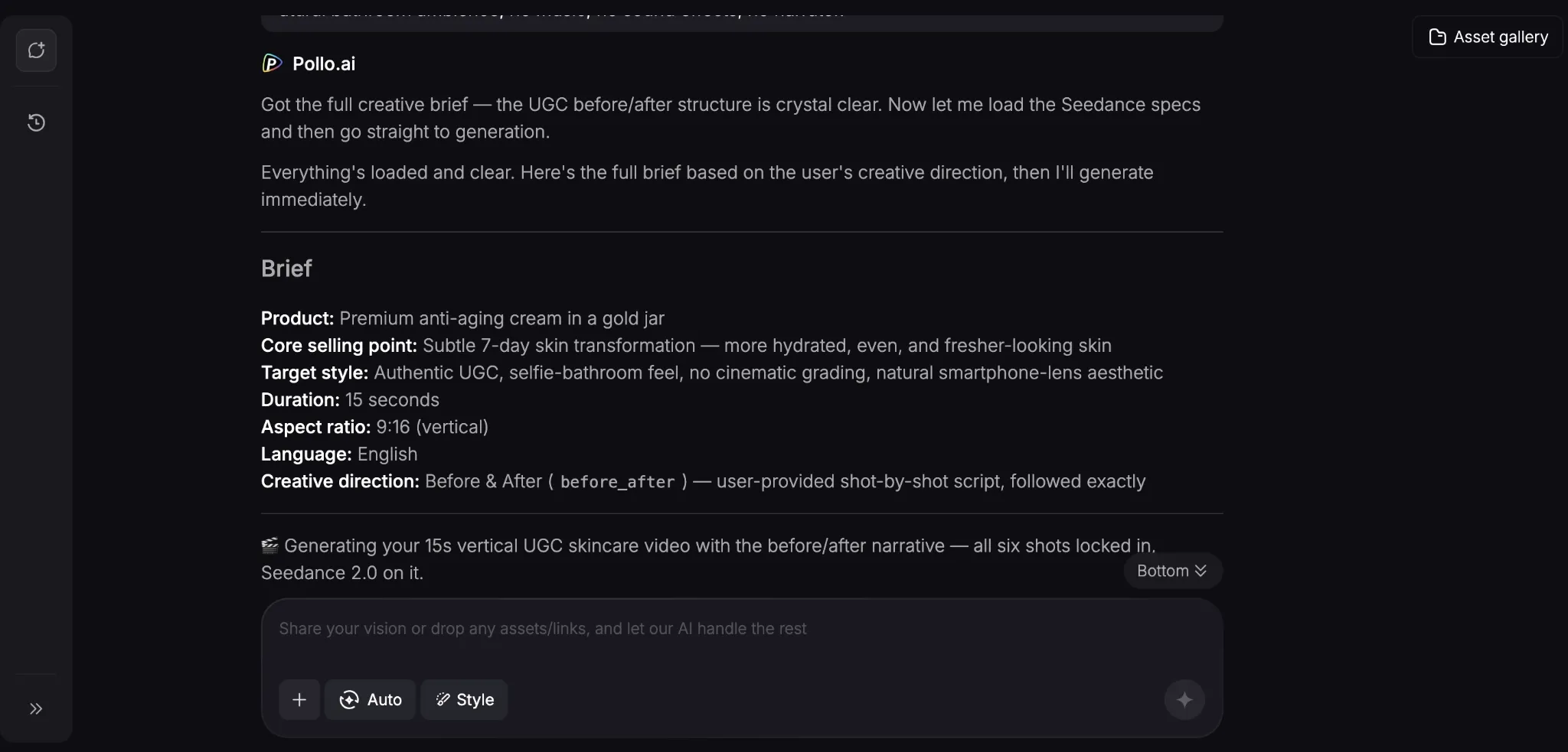 TikTV.ai agent interface showing a skincare video ad brief before generation