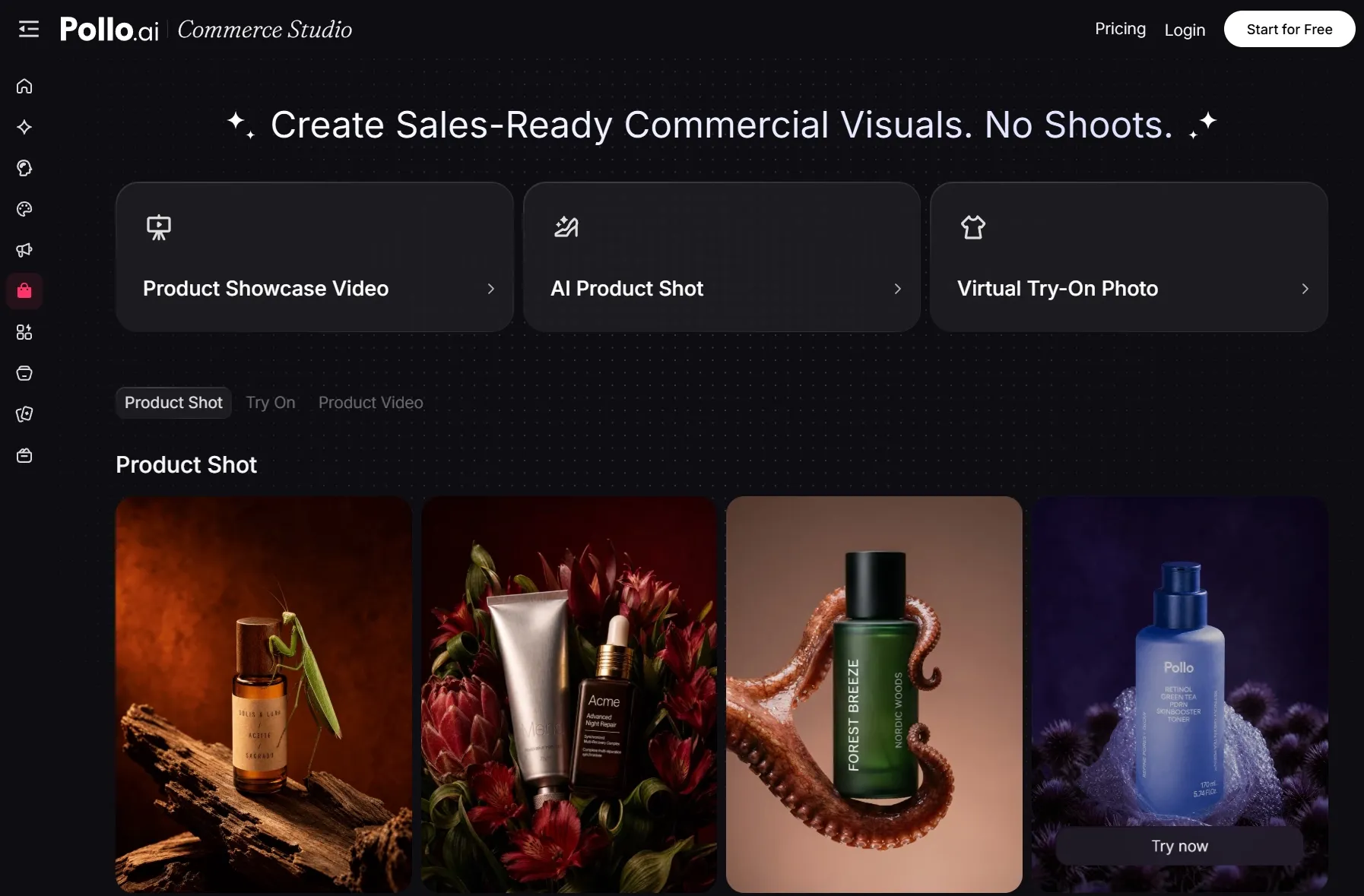 Pollo.ai Commerce Studioのページで、商品のビジュアル作成オプションと商品撮影例を表示しています。