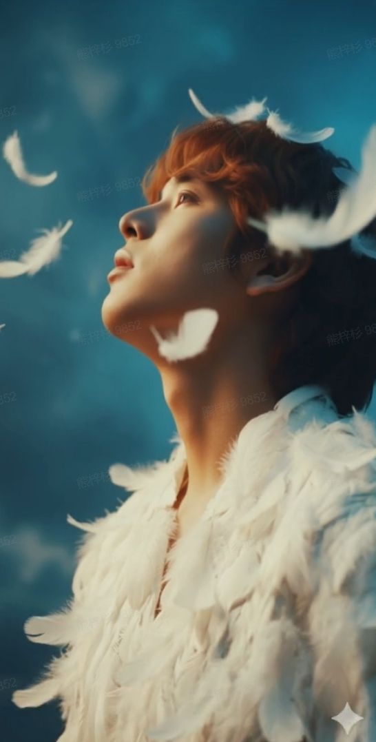 A soft-lit portrait with feathers surrounding the subject