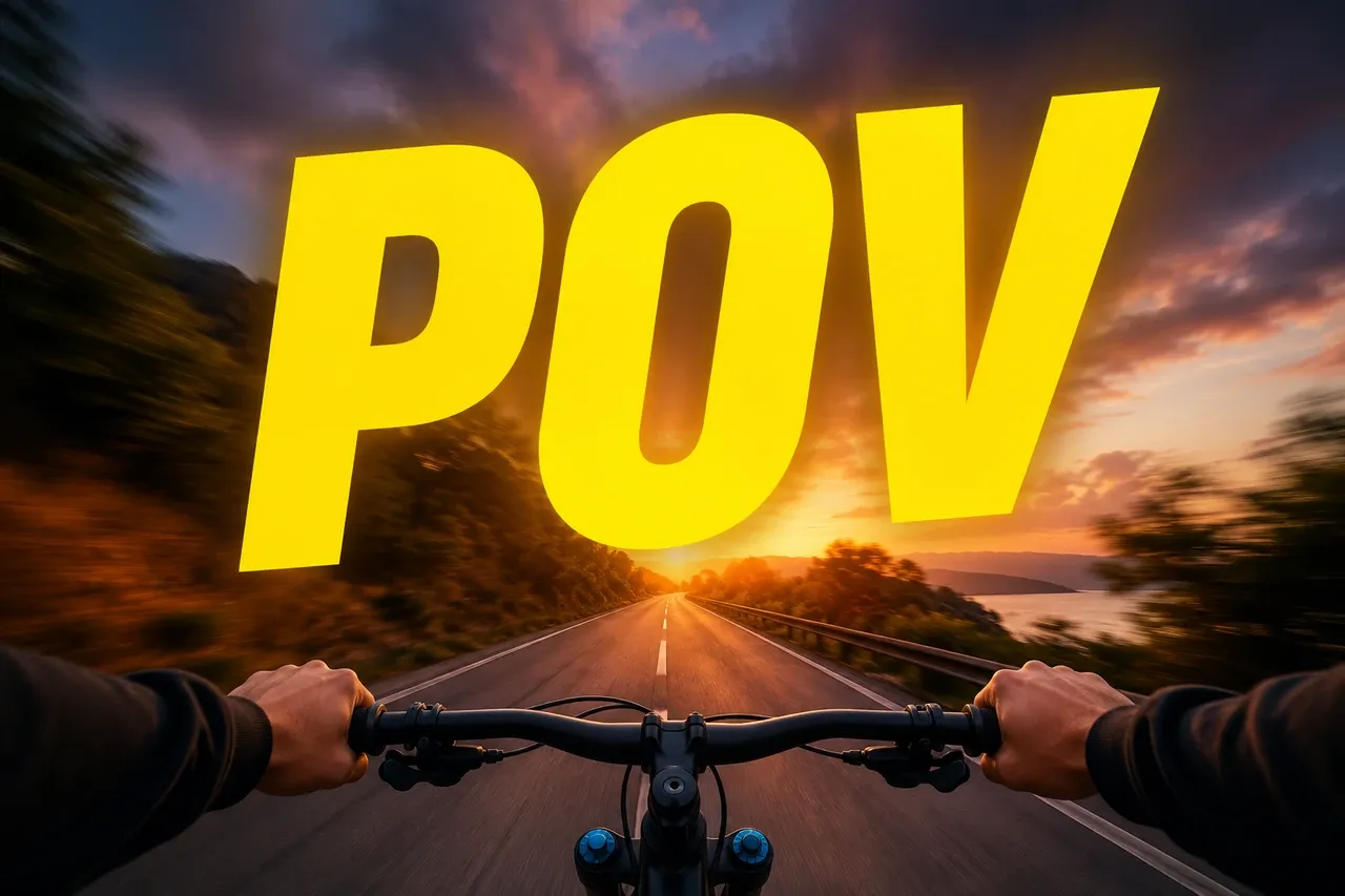 A view at sunset with POV text