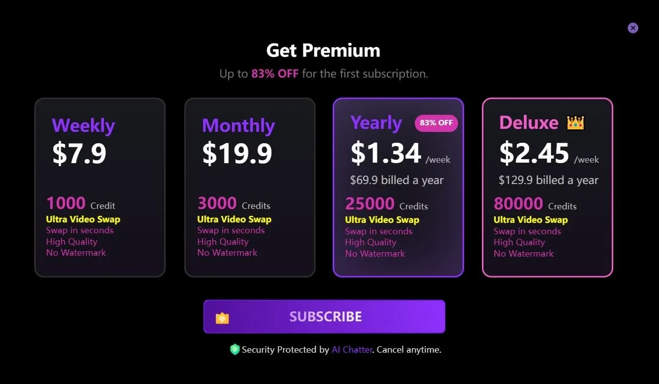 JoyFun AI premium subscription pricing page displaying weekly, monthly, yearly, and deluxe plans