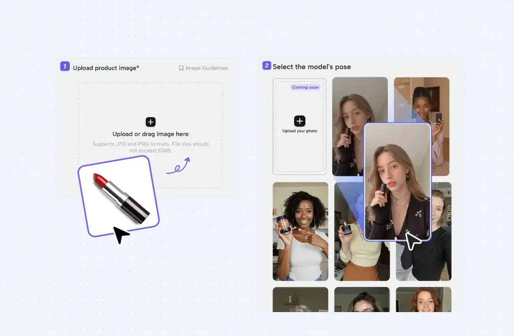 Interface for uploading product images and selecting AI model poses to generate commercial videos