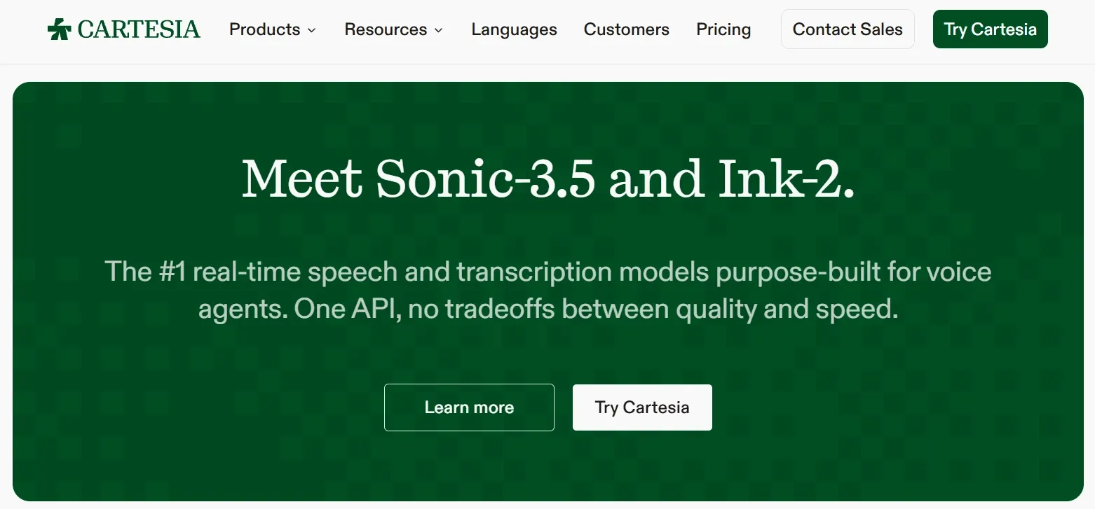 Promotional banner for Sonic-3.5 and Ink-2 speech models by Cartesia.