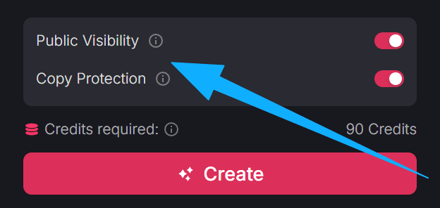 Video generation interface showing visibility settings and create button