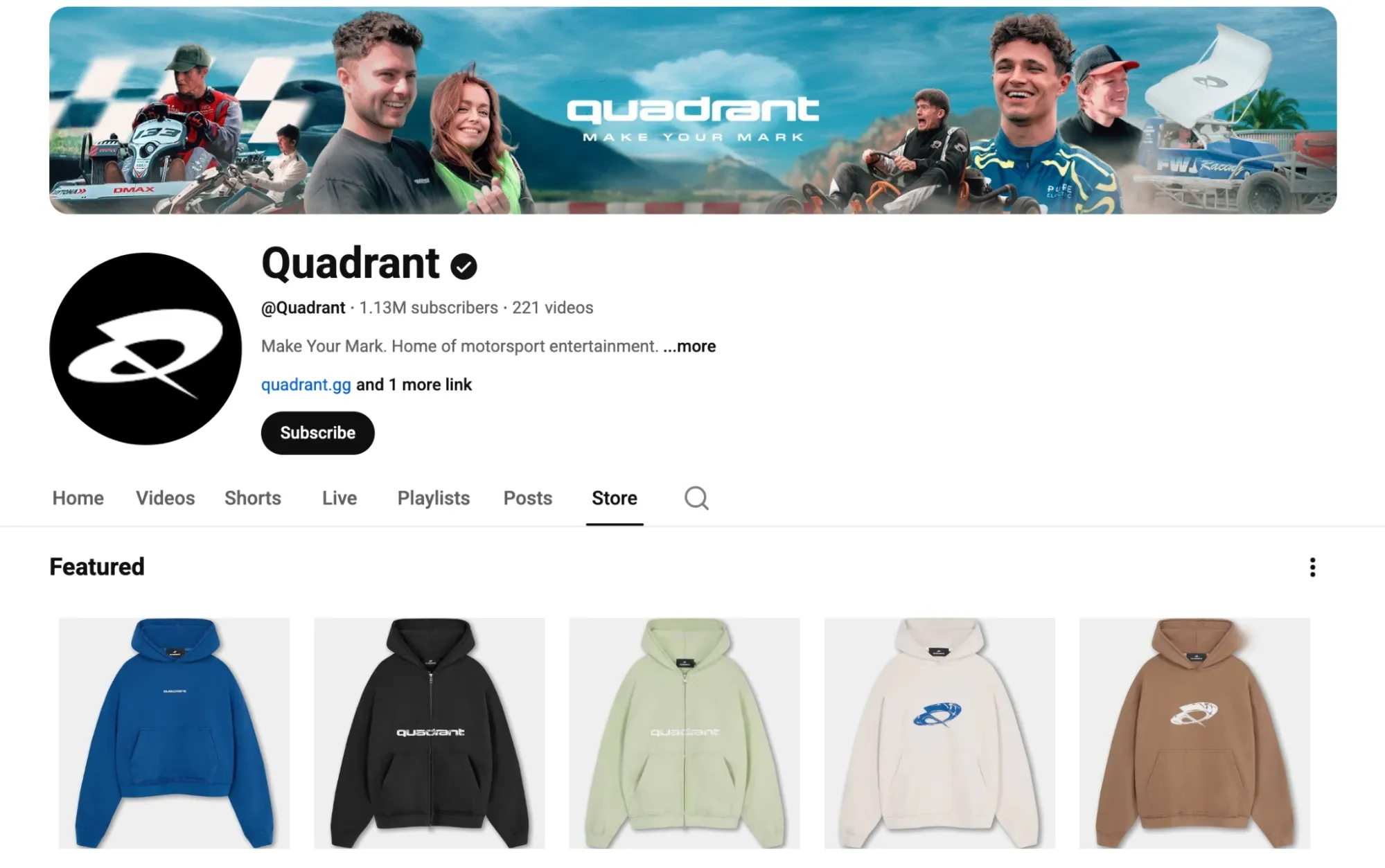 Página de la tienda del canal de YouTube de Quadrant donde se muestran varias sudaderas con capucha de marca.
