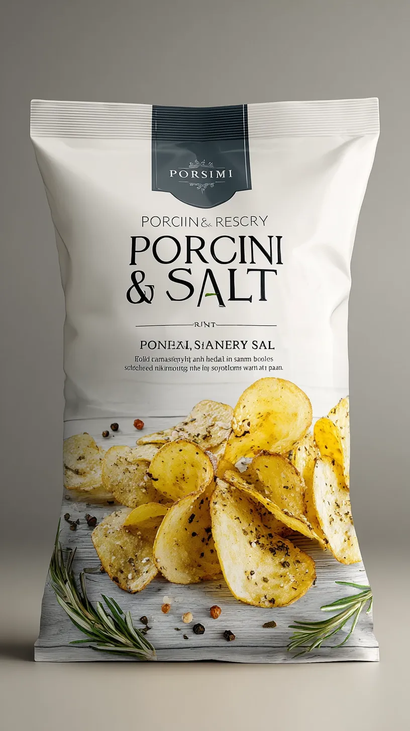 Potato chips package mockup with branding and scattered seasoned chips