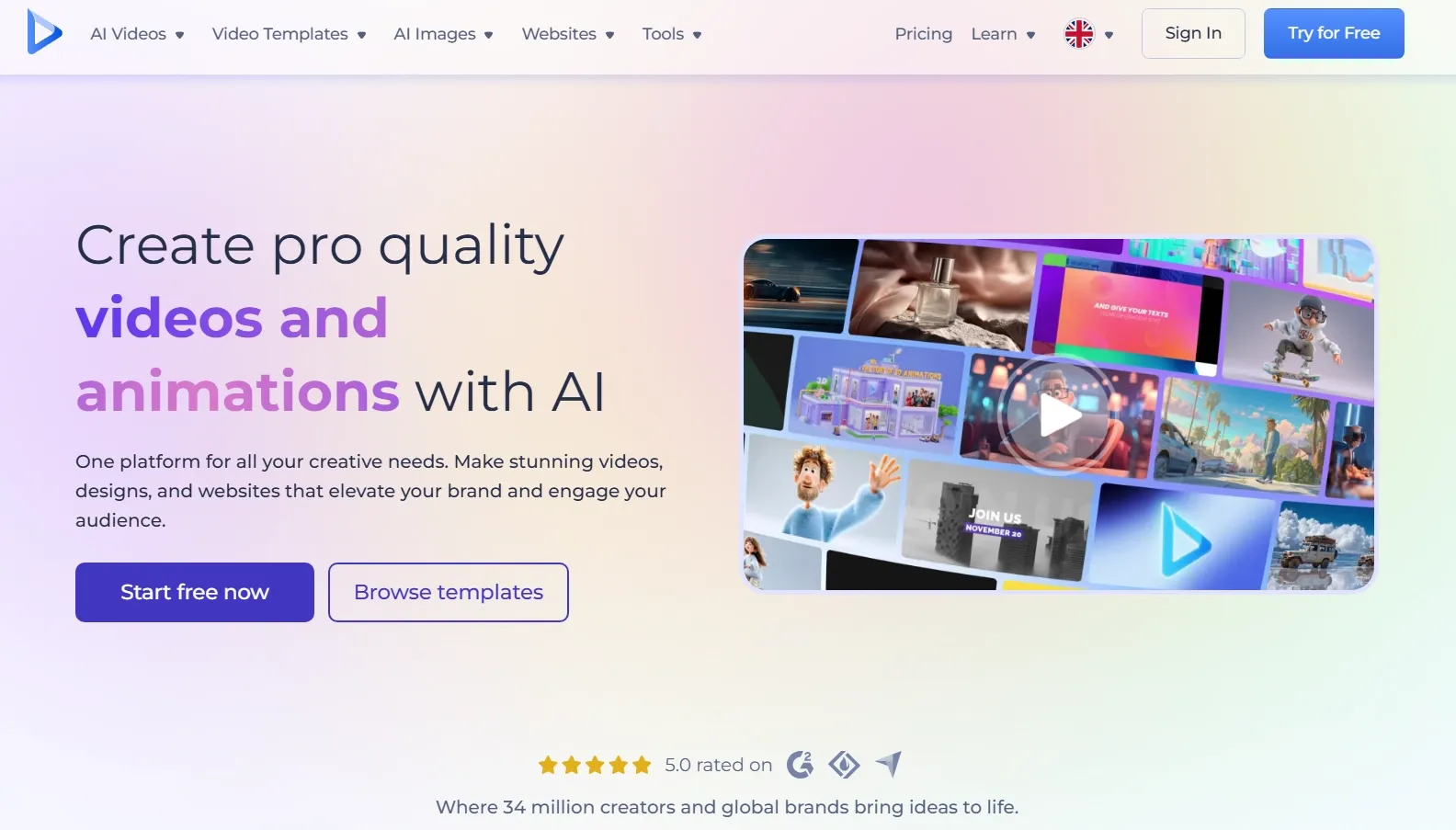 Renderforest landing page for AI video and animation creation platform